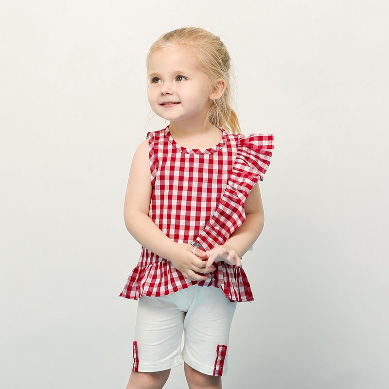 طقم بلوزة صيفية بنقشة مربعات وبدون أكمام + سروال قطن للفتيات