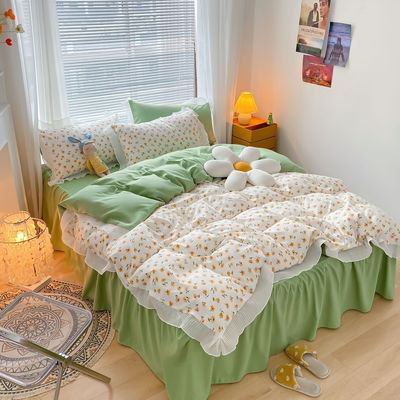 4 In 1 Bedding Set Retro Ins Pleated Lace Small Fresh Flower Quilt Cover Pillow Cases Bed Skirt