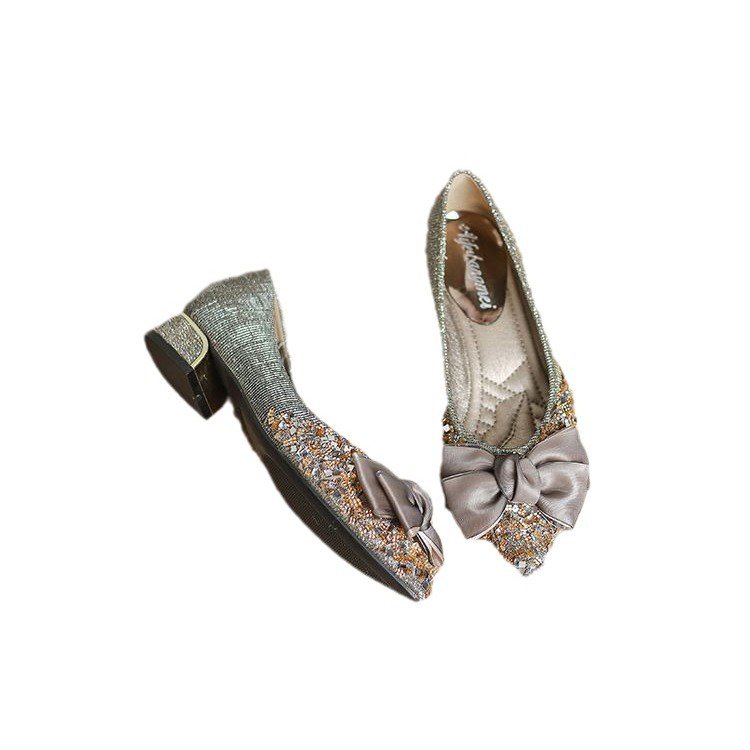 Pointed bow diamond-studded women's shoes