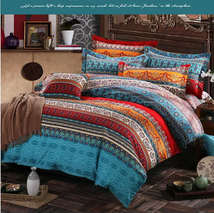 4 In 1 Bedding Sets Ethnic Style Pure Cotton Quilt Cover Pillow Cases Bedsheet Queen King 