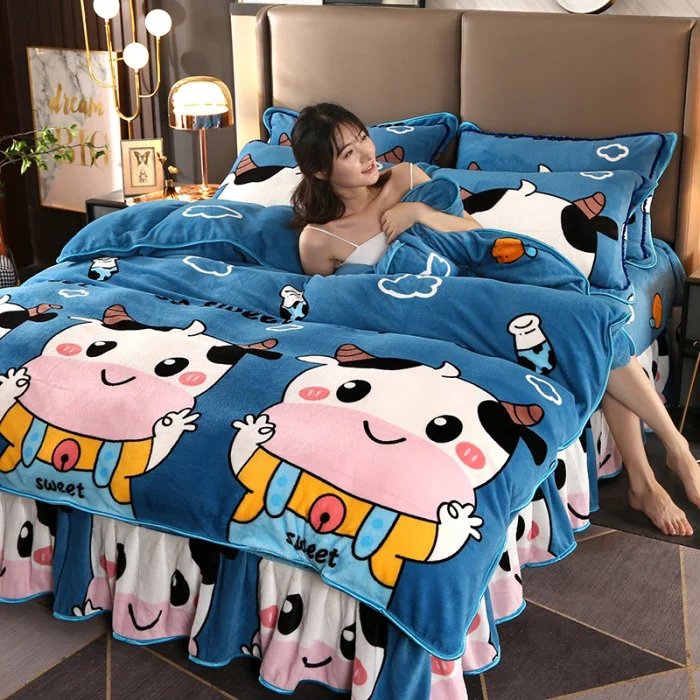 4 In 1 Bedding Set Golden Mink Cashmere Baby Velvet Double-sided Quilt Cover Pillow Cases Bed Skirt 